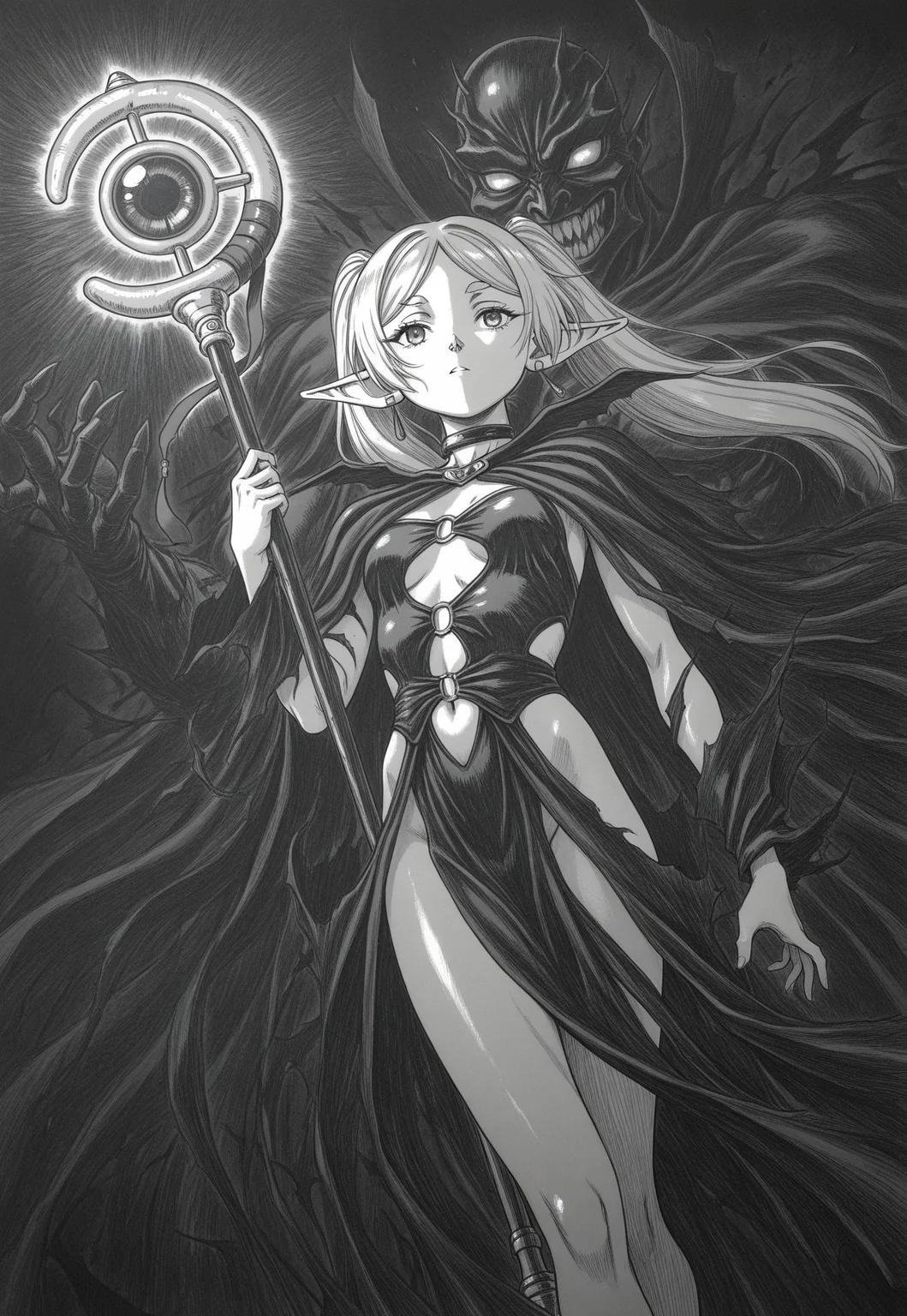 masterpiece, best quality, dark theme, 1girl,  1990s \(style\), 1994, traditional media, rough sketch, linear hatching, frieren, villain pose, revealing dress, magical staff, corrupted, kentaro_miura_style, from angle