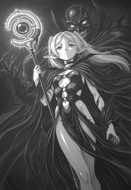 masterpiece, best quality, dark theme, 1girl, 1990s \(style\), 1994, traditional media, rough sketch, linear hatching, frieren, villain pose, revealing dress, magical staff, corrupted, kentaro_miura_style, from angle