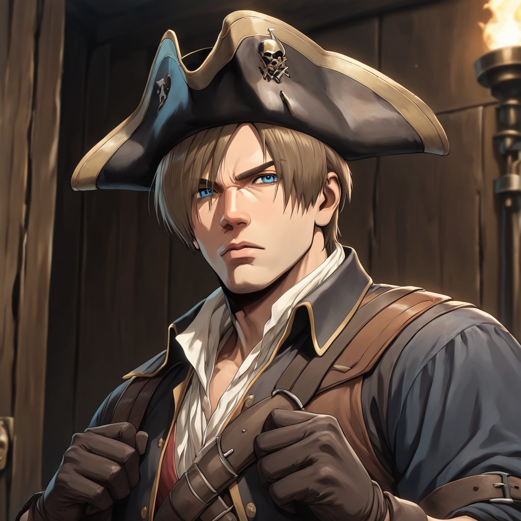 masterpiece, best quality, newest, absurdres, highres, anime, anime style, PAV1.0IL, pirate, pirate hat, 
1boy, leon s. kennedy, brown hair, blue eyes, gloves,