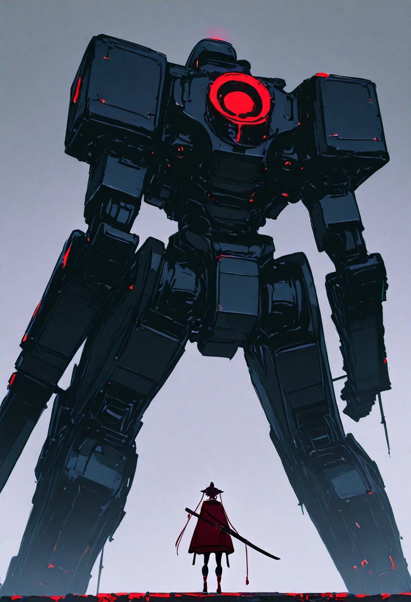 A giant mech from the game "Metal Gear Solid V" in the style of Yoji Shinkawa, concept art. The mecha is white and grey with black parts and red lights on its back. There are two tiny figures next to it. It has four legs and arms, with many large weapon containers attached at different positions on the body. A small figure stands in front of it wearing samurai . In the background, . 
, xxx667_illu, melanch0ly, <lora:illustriousXL_stabilizer_v1.23:0.3> <lora:NOOB_vp1_detailer_by_volnovik_v1:0.3> <lora:ponyv6_noobE11_2_adamW-000017:0.3> <lora:XXX667:0.7> <lora:MelancholyAnime:0.8>