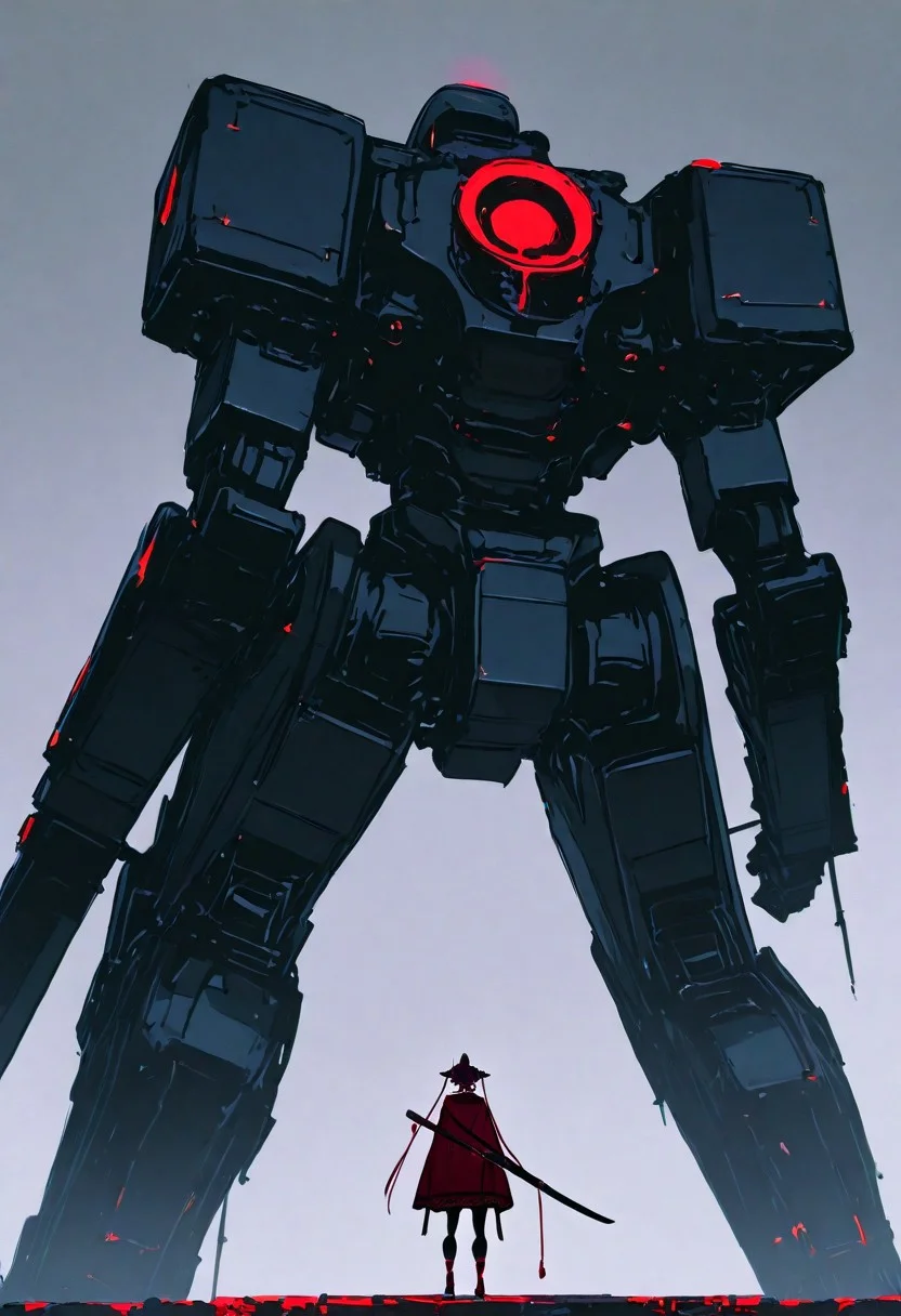A giant mech from the game "Metal Gear Solid V" in the style of Yoji Shinkawa, concept art. The mecha is white and grey with black parts and red lights on its back. There are two tiny figures next to it. It has four legs and arms, with many large weapon containers attached at different positions on the body. A small figure stands in front of it wearing samurai . In the background, .
, xxx667_illu, melanch0ly, <lora:illustriousXL_stabilizer_v1.23:0.3> <lora:NOOB_vp1_detailer_by_volnovik_v1:0.3> <lora:ponyv6_noobE11_2_adamW-000017:0.3> <lora:XXX667:0.7> <lora:MelancholyAnime:0.8>