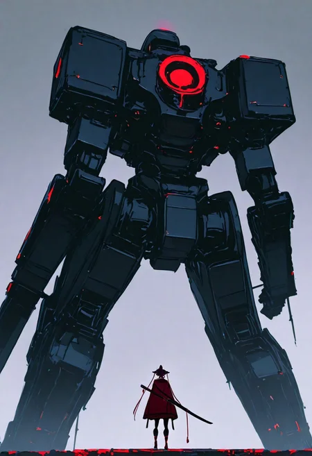 A giant mech from the game "Metal Gear Solid V" in the style of Yoji Shinkawa, concept art. The mecha is white and grey with black parts and red lights on its back. There are two tiny figures next to it. It has four legs and arms, with many large weapon containers attached at different positions on the body. A small figure stands in front of it wearing samurai . In the background, . 
, xxx667_illu, melanch0ly, <lora:illustriousXL_stabilizer_v1.23:0.3> <lora:NOOB_vp1_detailer_by_volnovik_v1:0.3> <lora:ponyv6_noobE11_2_adamW-000017:0.3> <lora:XXX667:0.7> <lora:MelancholyAnime:0.8>