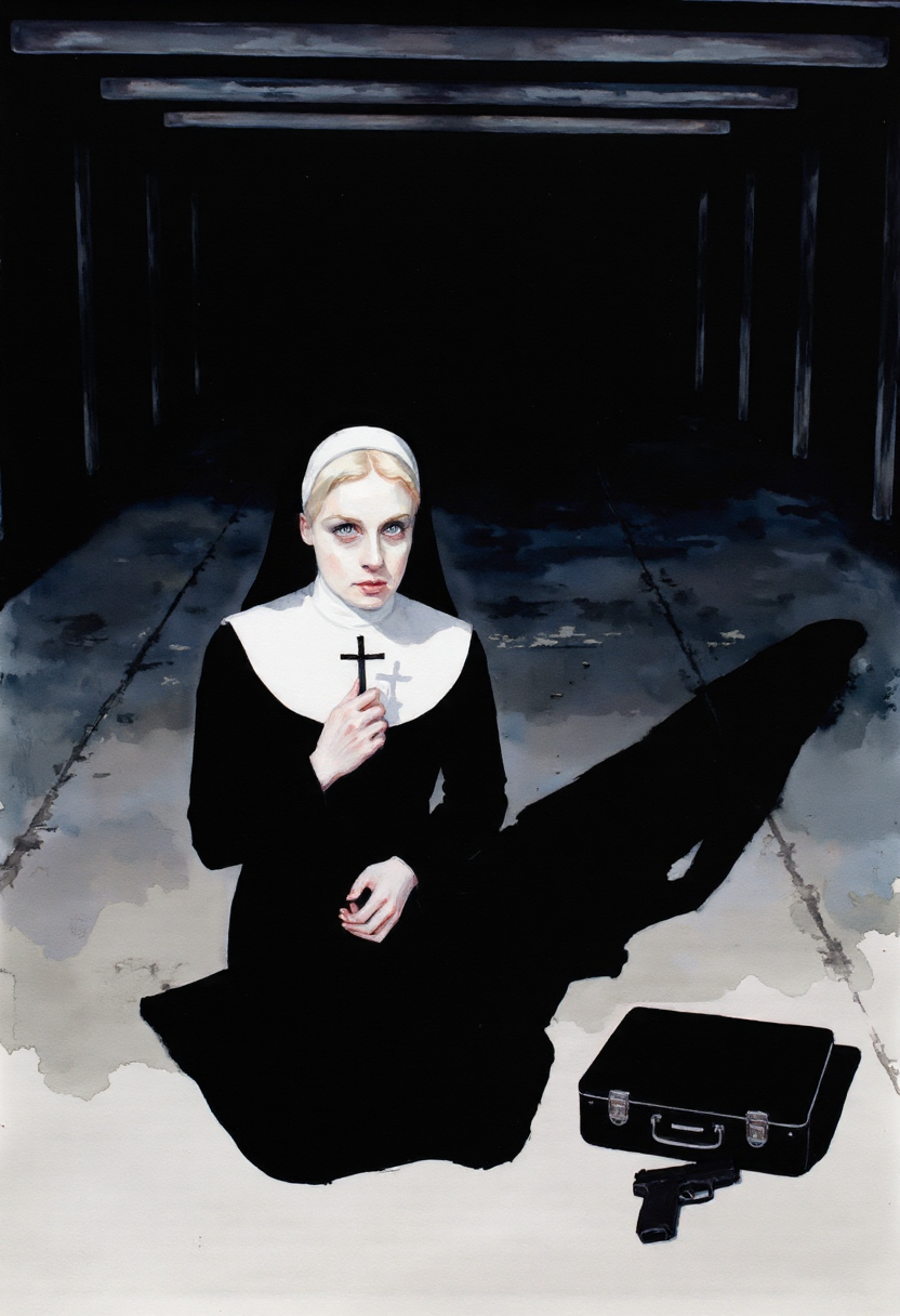 Watercolor painting of a, A blonde nun kneels on the concrete floor of a dimly lit parking garage, her habit trailing behind her. In her hands, she holds a small cross that she presses against her lips in prayer, though beside her lies a black briefcase, slightly open, revealing the grip of a compact pistol. Her head tilts as the sound of footsteps approaches, her pale blue eyes snapping open as she stands and turns toward the shadows.
