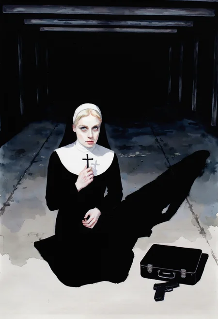 Watercolor painting of a, A blonde nun kneels on the concrete floor of a dimly lit parking garage, her habit trailing behind her. In her hands, she holds a small cross that she presses against her lips in prayer, though beside her lies a black briefcase, slightly open, revealing the grip of a compact pistol. Her head tilts as the sound of footsteps approaches, her pale blue eyes snapping open as she stands and turns toward the shadows.