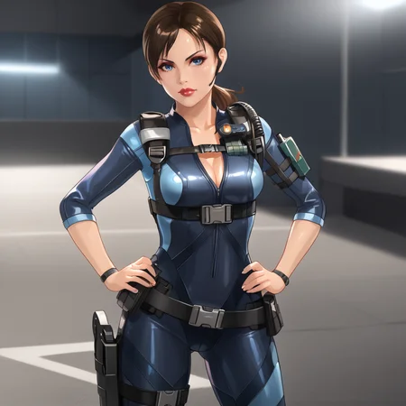 <lora:jillvalentinerevelations_pony_v1:.8> JillValentineResidentEvilRevelations, 1girl, jill valentine, thigh holster, brown hair, bodysuit, medium breasts, cleavage, ponytail, blue eyes, trigger discipline, belt, shoulder holster, skin tight, hands on hips, lipstick,eyeshadow, cowboy shot