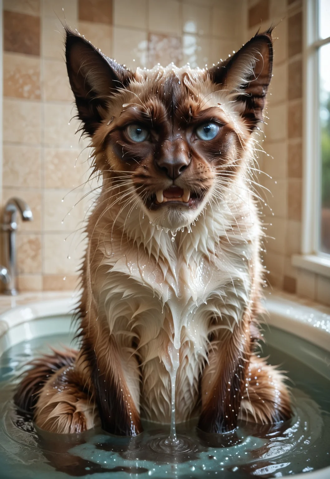 score_9, score_8_up, score_7_up, score_6_up, score_5_up, score_4_up, source_furry, no humans, hud_si4mese_c4t, blue eyes, whiskers, tail, siamese cat, furry, (wet fur, wet, soaked, dripping wet:1.3), (angry, pouting:1.4), blurry background, looking at viewer, sitting, in bath tub, partially submerged, murderous stare, hissing, fangs, open mouth