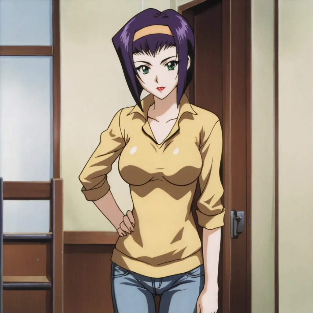 <lora:fayecowboybebop_pony_v1:0.65> Faye, 1girl, solo, purple hair, green eyes, hairband, lipstick, short hair, cowboy shot, sweater, jeans