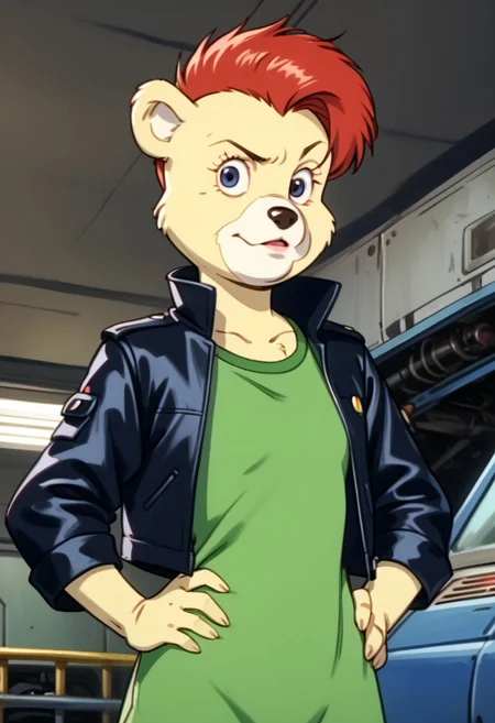 score_9, score_8_up, score_7_up, source_anime, highly detailed, Sunni Gummi, Sunni, solo, cyberpunk, mech, pilot, leather jacket, cyborg, anthro, anthro bear, furry, looking at viewer, shirt, 1girl, upper body, female focus, indoors, furry, green shirt, furry female, body fur, hands on hips, knva, short hair, undercut, cyborg,