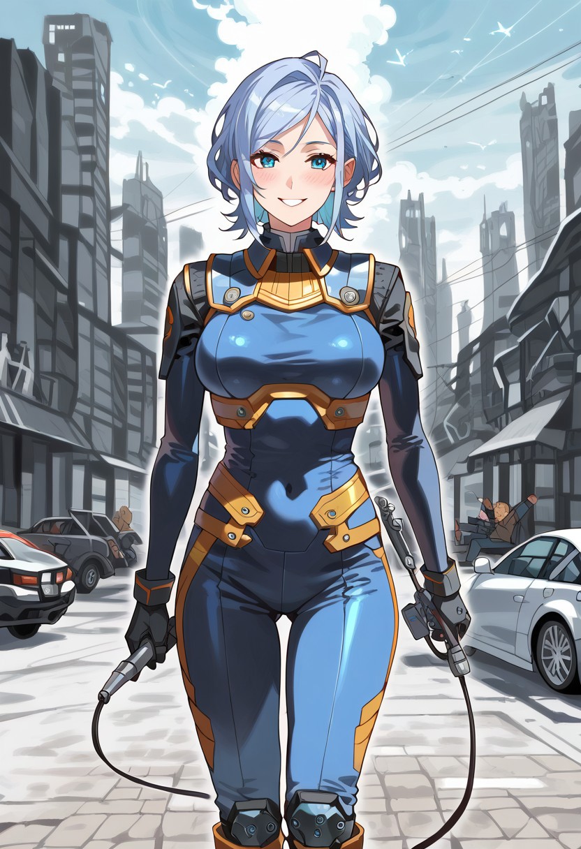 score_9,score_8_up,score_7_up,source_anime, 1girl, (((master piece:1.2))),(((best quality:1.2))),(((ultra detailed))),(((1girl))),(((intricate))),(((anime screencap))),(((very aesthetic:1.2))),((( Cite 17 background))),(((absudres:1.2))),(((embroidered))),(((scenery))),((extremely detailed CG)),(dynamic angle:1.4), woman in sci fi outfit standing on deserted street holding crowbar, 
BREAK,
half life (series), (ami mizuno reimagined as a scientist in hev suit from half life 2),breasts, 1girl, blue_hair, blue_eyes, (dynamic pose:1.4), Cite 17 background, smile, solo, looking_at_viewer, detailled_background, blue short_hair, blush, boots, gloves, standing, cowboy_shot, hev armor style, holding a crowbar, weapon, solo focus, holding, outdoors, covered navel, hev suit bodysuit
BREAK;
(intricate details:1.12), (intricate details, hyperdetailed:1.15), hdr, dystopian sci-fi city, (at day:1.2), cinematic, half life aesthetic, science aesthetic, ominous background, bimbo atmosphere, lustful atmosphere, gray and pastel theme, city background, ground vehicle, motor vehicle, car, building, electric cable, camera,