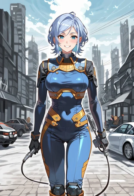 score_9,score_8_up,score_7_up,source_anime, 1girl, (((master piece:1.2))),(((best quality:1.2))),(((ultra detailed))),(((1girl))),(((intricate))),(((anime screencap))),(((very aesthetic:1.2))),((( Cite 17 background))),(((absudres:1.2))),(((embroidered))),(((scenery))),((extremely detailed CG)),(dynamic angle:1.4), woman in sci fi outfit standing on deserted street holding crowbar,
BREAK,
half life (series), (ami mizuno reimagined as a scientist in hev suit from half life 2),breasts, 1girl, blue_hair, blue_eyes, (dynamic pose:1.4), Cite 17 background, smile, solo, looking_at_viewer, detailled_background, blue short_hair, blush, boots, gloves, standing, cowboy_shot, hev armor style, holding a crowbar, weapon, solo focus, holding, outdoors, covered navel, hev suit bodysuit
BREAK;
(intricate details:1.12), (intricate details, hyperdetailed:1.15), hdr, dystopian sci-fi city, (at day:1.2), cinematic, half life aesthetic, science aesthetic, ominous background, bimbo atmosphere, lustful atmosphere, gray and pastel theme, city background, ground vehicle, motor vehicle, car, building, electric cable, camera,