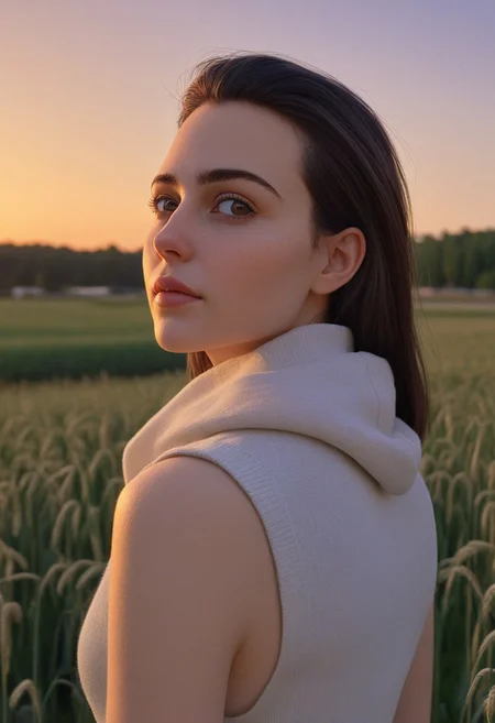 30yo american woman in a wheat field
Small eyes. Brown eyes.
Wearing white tank top. no makeup. Clear skin.  realistic skin style
Long dark black slick back hair. No makeup. Dusk, Street light. Looking at camera POV. Slight smile, tilting head.. Tilt head. Hands in head, face, lips.
Medium Close Up shot. Bokeh. Heavy Bokeh light. Dawn. yellow, red, purple orange. sky.