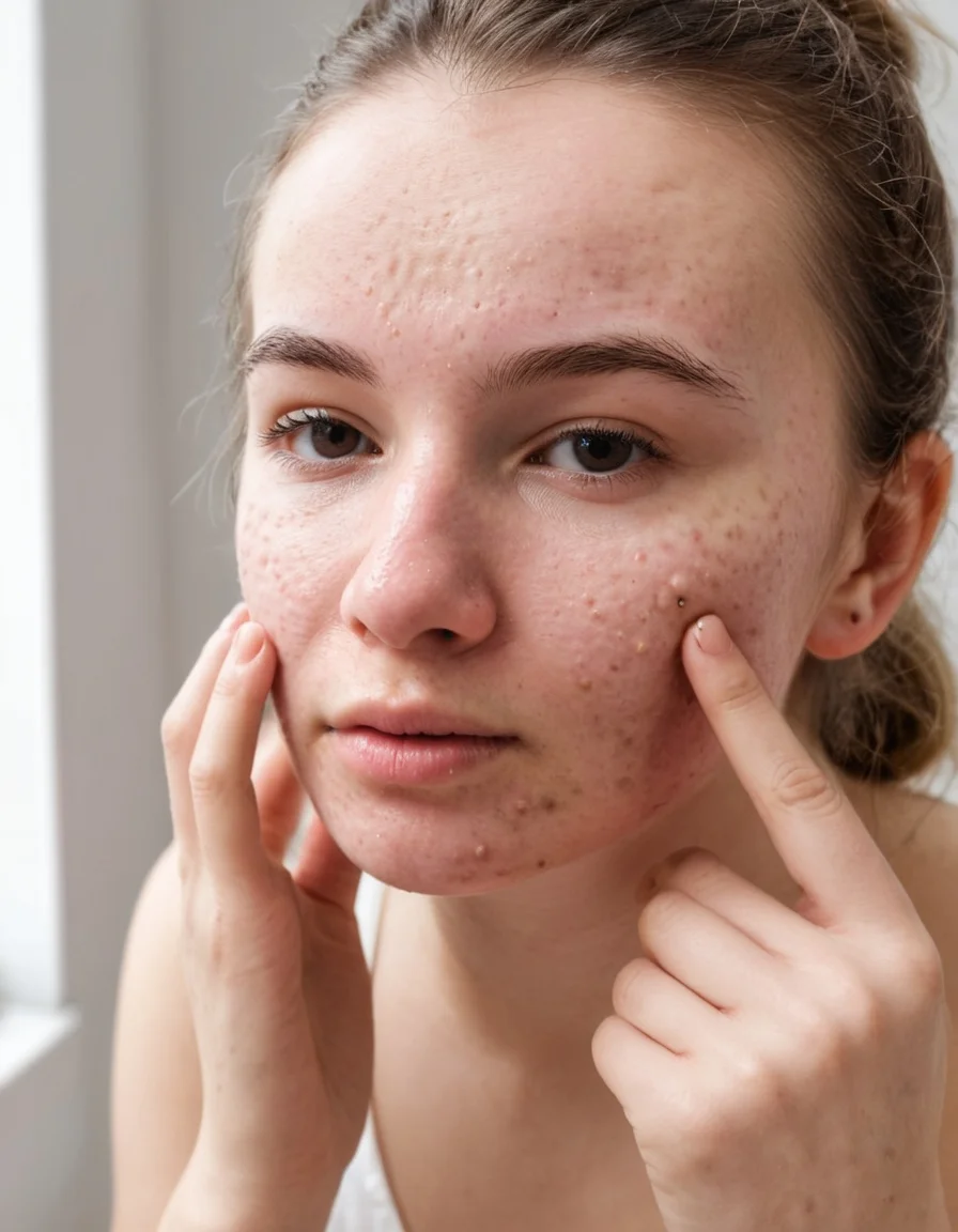 raw amateur photo of a femake person with acne checking her face, <lora:275FAB00CB:0.5> Detailed natural skin and blemishes without-make-up and acne