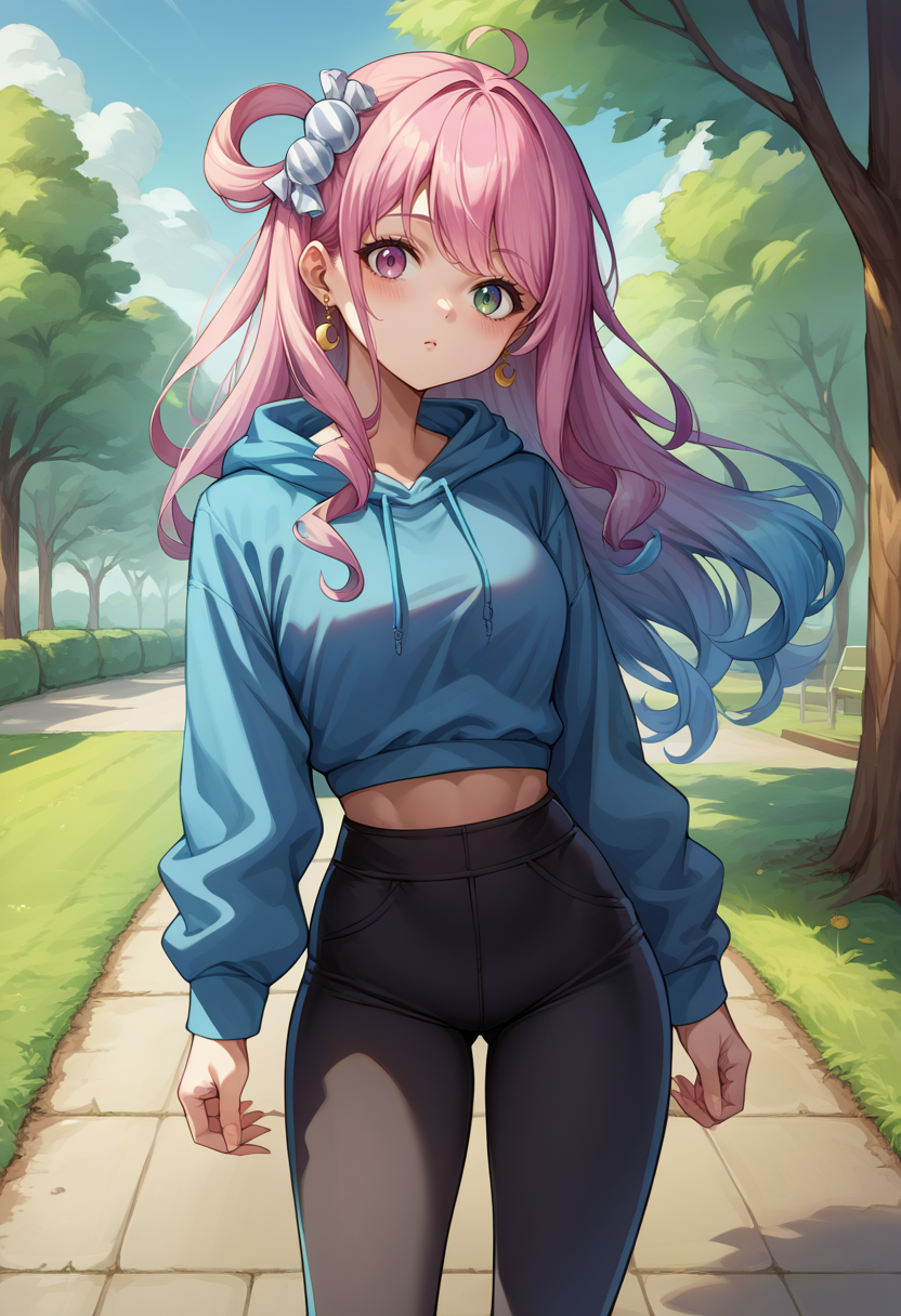 score_9, score_8_up, source_anime, HimemoriLuna, heterochromia, long hair, single hair ring, candy hair ornament, outdoors, park, blue hoodie, high-waist pants, yoga pants, black pants, light blush, <lora:ChamHimemoriLunaPonyXL:0.9>