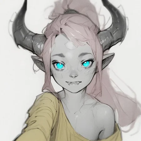 sketch, monochrome, greyscale, score_9, score_8_up, score_7_up, masterpiece, best quality, absurdres, vibrant, highly detailed, upper body, Lynn Pink, blue eyes, pink hair, ponytail, tail, horns, pointy ears, fangs, (((adult))), small breasts, simple yellow shirt, long sleeves, off shoulder, no bra, hungry face, reaching towards viewer, looking at viewer, white background, simple background