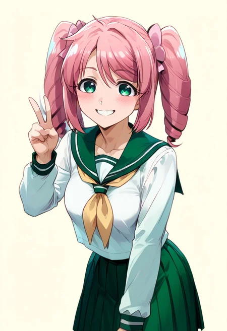 score_9, score_8_up, score_7_up, score_6_up, BREAK very detailed, highly detailed texture, (highly detailed face, (perfect face, perfect eyes)), detailed image, high resolution, perfect hands, BREAK,
1girl, haruka hanabishi, twintails, green eyes, pink hair,
skirt, shirt, long sleeves, school uniform, white shirt, pleated skirt, serafuku, sailor collar, neckerchief, green skirt, green sailor collar,
Standing, proud, medium breasts, smile,
Cute face, (blush), (simple background), bow down, {leaning forward}, (chest up), chin up, peace sign salute, negative_hand