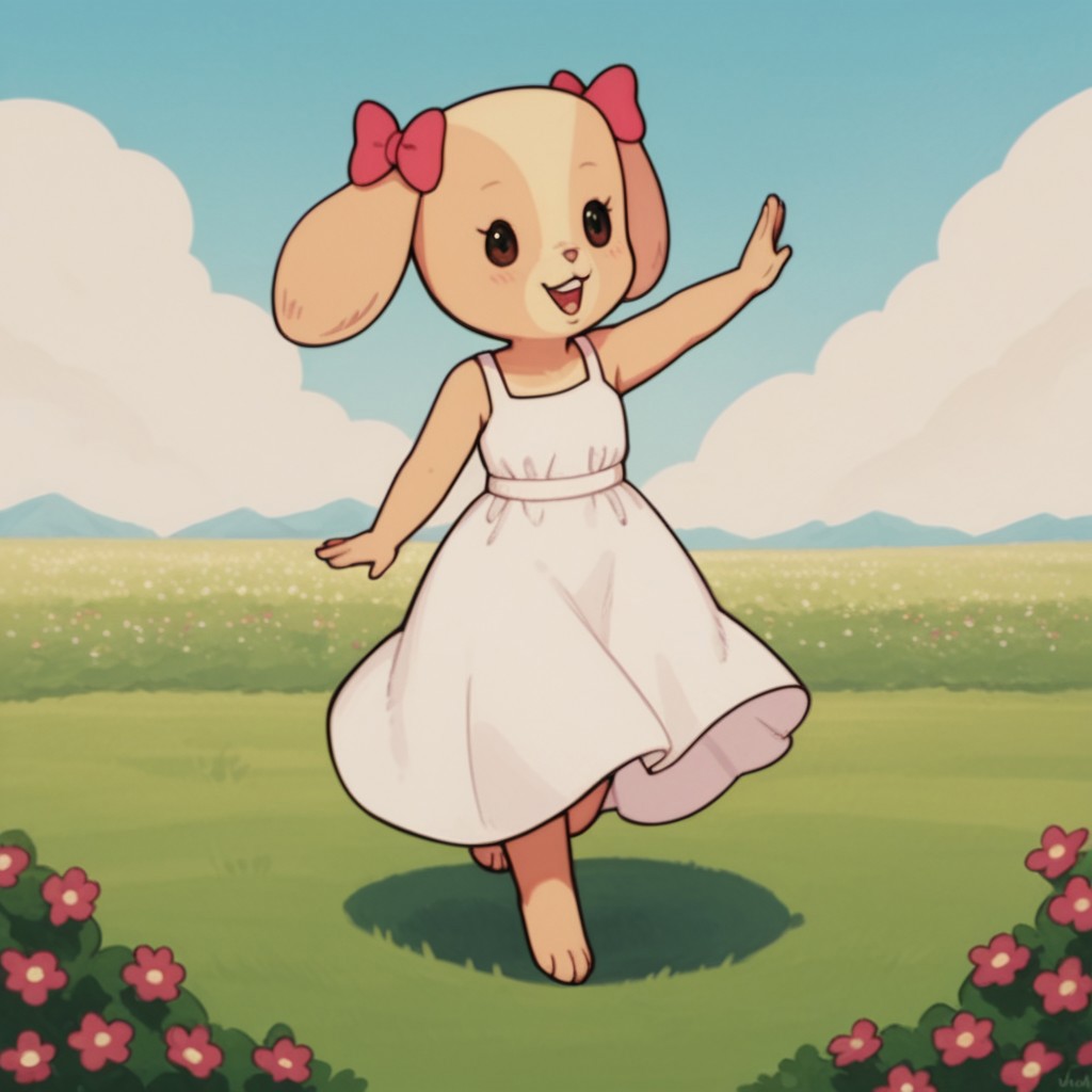 score_9, score_8_up, score_7_up, score_6_up, score_5_up, score_4_up, source_furry, RolleyCocker, anthro, female, dog, tan fur, long ears, pink ear bows, sundress, dancing, in a field of flowers