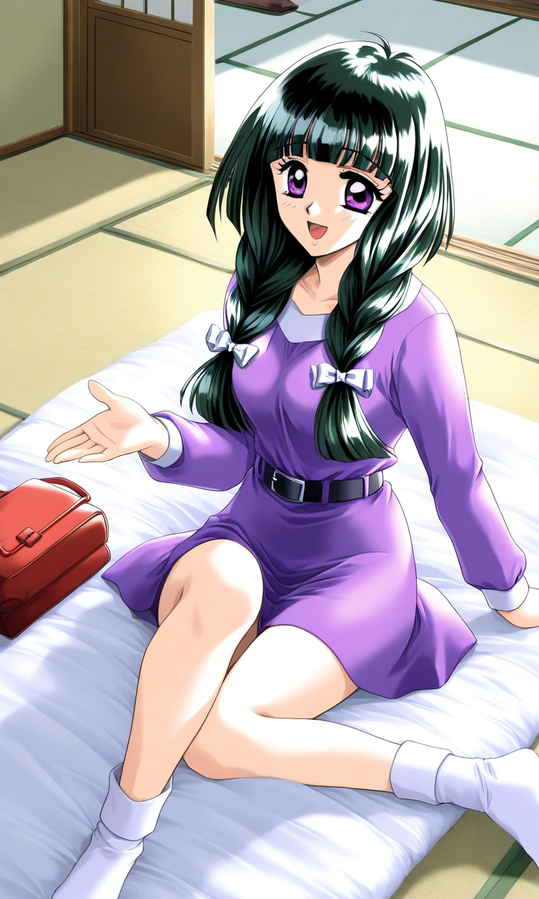 general,highres, ultra-detailed,very aesthetic,best quality ,best hands, BREAK  <lora:Kamiyama_Miko_kakyuusei_Ver2.0_IS:1>Kamiyama_Miko(kakyuusei), 1girl, solo, dark green hair,, long hair, purple eyes, twin braids, white bow, blunt bangs, hair bow, medium breasts, smile, open mouth,
smile, 
Japan room, tatami, futon, sitting, dutch angle, socks, smile, belt, day, purple dress, long hair, bag, long sleeves, knee highs,