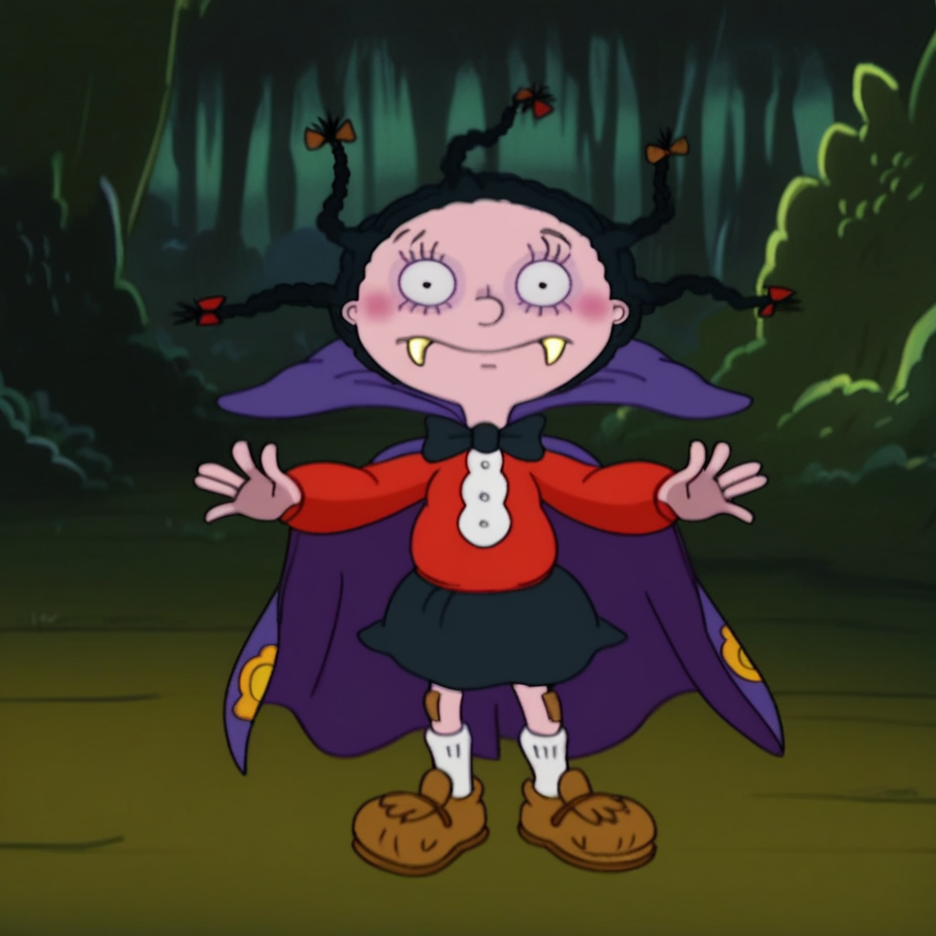 score_9, solo, mona_v, black hair, braid, five braids, fangs, blush, cape, bow, shirt, skirt, haunted forest, looking at viewer