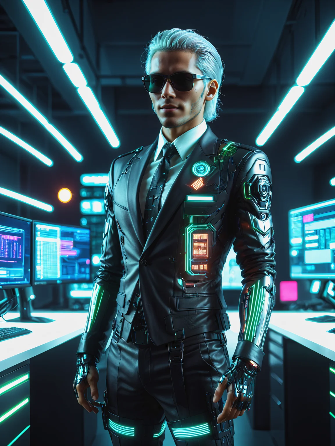 man wearing a suit and sunglasses, mad-neonbody, cyberpunk, futuristic office, neon light, white hair, light smile, dynamic pose <lora:Neon_Cyberpunk_Neon_Body_SDXL:0.8>, raw photo, film grain, (photorealistic, realistic:1.2), deep shadow, 8k, uhd, dslr, ultra high res