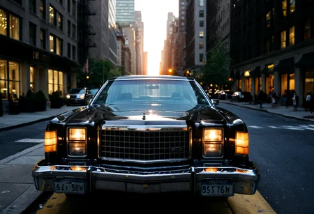 gleaming black Ford LTD, side view, New York avenue, bright headlights, sunset, Manhattan skyscrapers background, 4K, highly detailed, ((grainy 35mm photo))