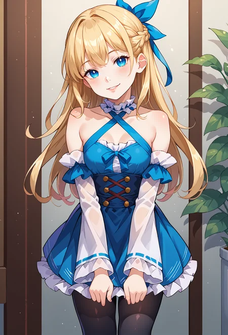score_9, score_7_up, source_anime, BREAK <lora:molokonomi_ForPonyV2:1> light smile, v arms, head tilt,, <lora:mxmarina:1> mxmarina, french braid, half updo, Hair ribbon, frilled choker, criss-cross halter, sleeveless dress, high-waist skirt, backless dress, blue dress, waist blue bow, detached sleeves, frilled sleeves, wide sleeves, blue sleeves, black pantyhose, patterned legwear, pinstripe pantyhose, mary janes,