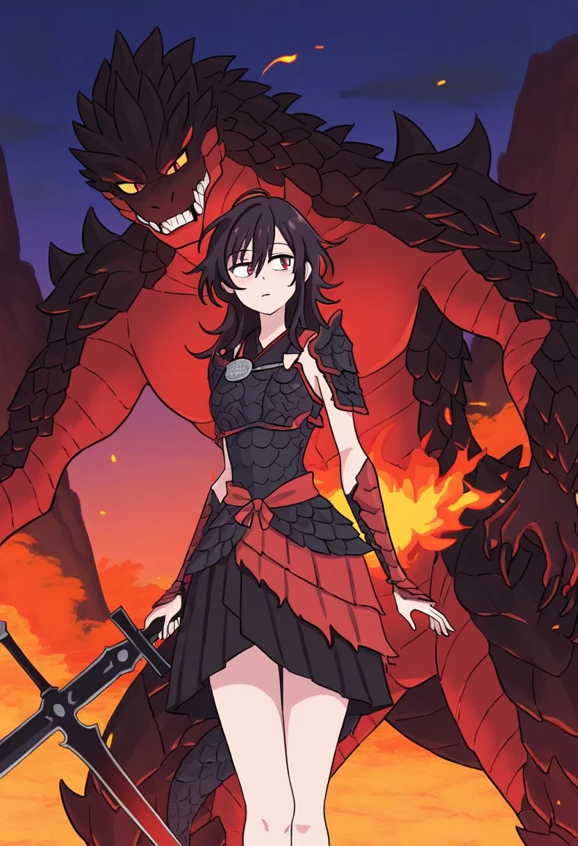 score_9, score_8_up, score_7_up, score_6_up, score_5_up, 1girl, 1person, short black messy hair, red eyes, black dragon scaled chest plate, skirt made of Odogaron scales, black sword, (<OddlySmutty_style>)