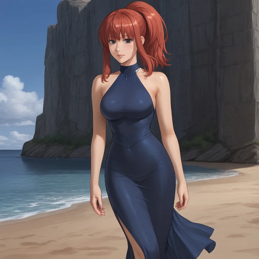 <lora:karinshadowheart_pony_v1:.8>KarinShadowHeart, 1girl, red hair, ponytail, cowboy shot, facing the viewer,  <lora:0932 Home wear 9_v1_pony:1> ruanyi0932,blue dress,halter dress,sleeveless,cowboy shot,taut dress,skin tight,long dress