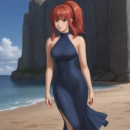<lora:karinshadowheart_pony_v1:.8>KarinShadowHeart, 1girl, red hair, ponytail, cowboy shot, facing the viewer,  <lora:0932 Home wear 9_v1_pony:1> ruanyi0932,blue dress,halter dress,sleeveless,cowboy shot,taut dress,skin tight,long dress
