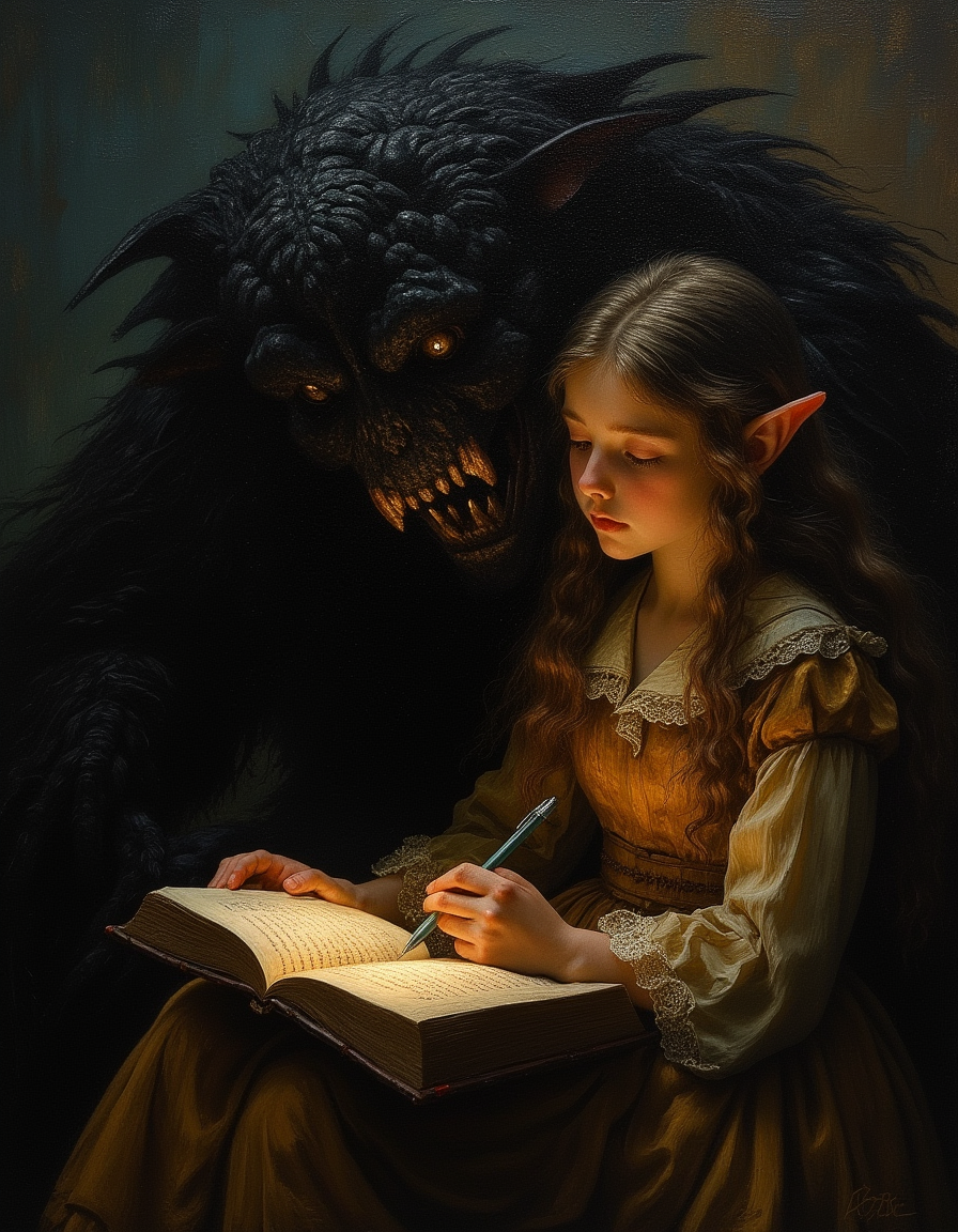 Masterpiece, high quality, Oil Painting, a young teen elf princess and her dark monster reading a book together. Masterpiece, intricate lines, intriguing atmosphere, sharp magnificent details, delicate features, elaborate details, (2\3 rule composition:0.5), ultra detailed, romantic, Rembrandt lighting, brush stroke, lovely, del1cate_balance style, in the style of Rembrandt. vantablack <lora:style_of_Rembrandt_FLUX_135:.8> <lora:- Flux1 - vanta_black_V2.0:.8> <lora:Delicate_Balance:.3> <lora:neeeg_f1:-1>