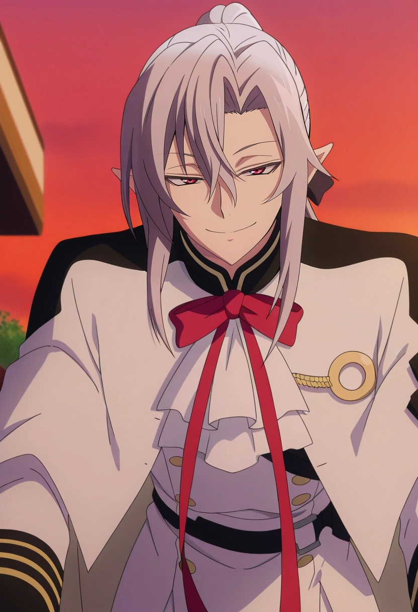 masterpiece, best quality, , anime screencap, , , looking at viewer, 1boy, solo, male focus, <lora:ferid_bathory_ilxl:0.92>, ferid_bathory, grey hair, red eyes, long hair, hair between eyes, pointy ears, ponytail, white jacket, red bowtie, ascot, from below, restaurant, dusk, leaning forward, naughty smile,