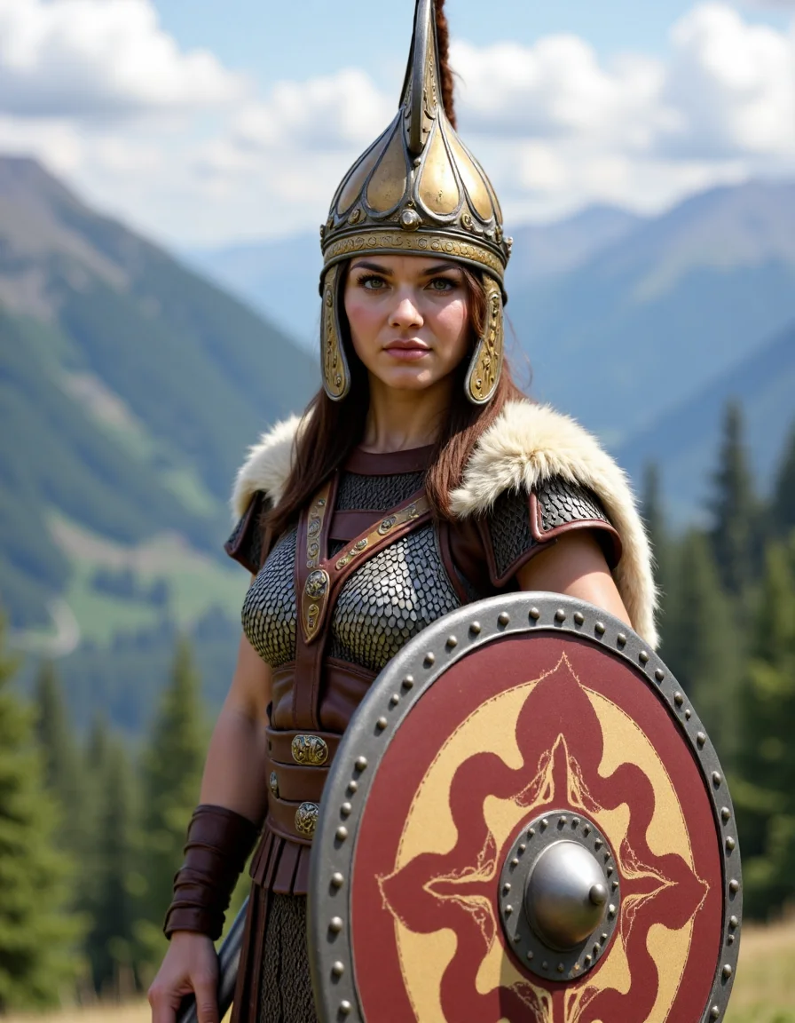 Dacian a woman with a falx an in a tarabostes costume is standing in front of a mountain. Woman wear a helmet and hold a dacian decorated ovel shield. <lora:DaciiV6:1>