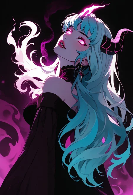 view from below, score_9, score_8_up, semi-realistic, fantasy style, 1girl, (very pretty woman), innocent sinister, dark pink purple cyan wild hair, (glowing neon white eyes), purple skin, bare shoulders, exquisite black lace intricate gilded robe, epic horns, flat expression, parted lips, fangs, dragon priestess, demonette, medium breasts, looking at viewer, tilted head, beautiful, twisted, feminine, dynamic, (swirling corrupted magic energy), shaft head tilt, full body shot, pink purple cyan, energy, magic, intense, epic, masterpiece, beautiful, terrifying, powerful magic aura, villainous, sharp focus