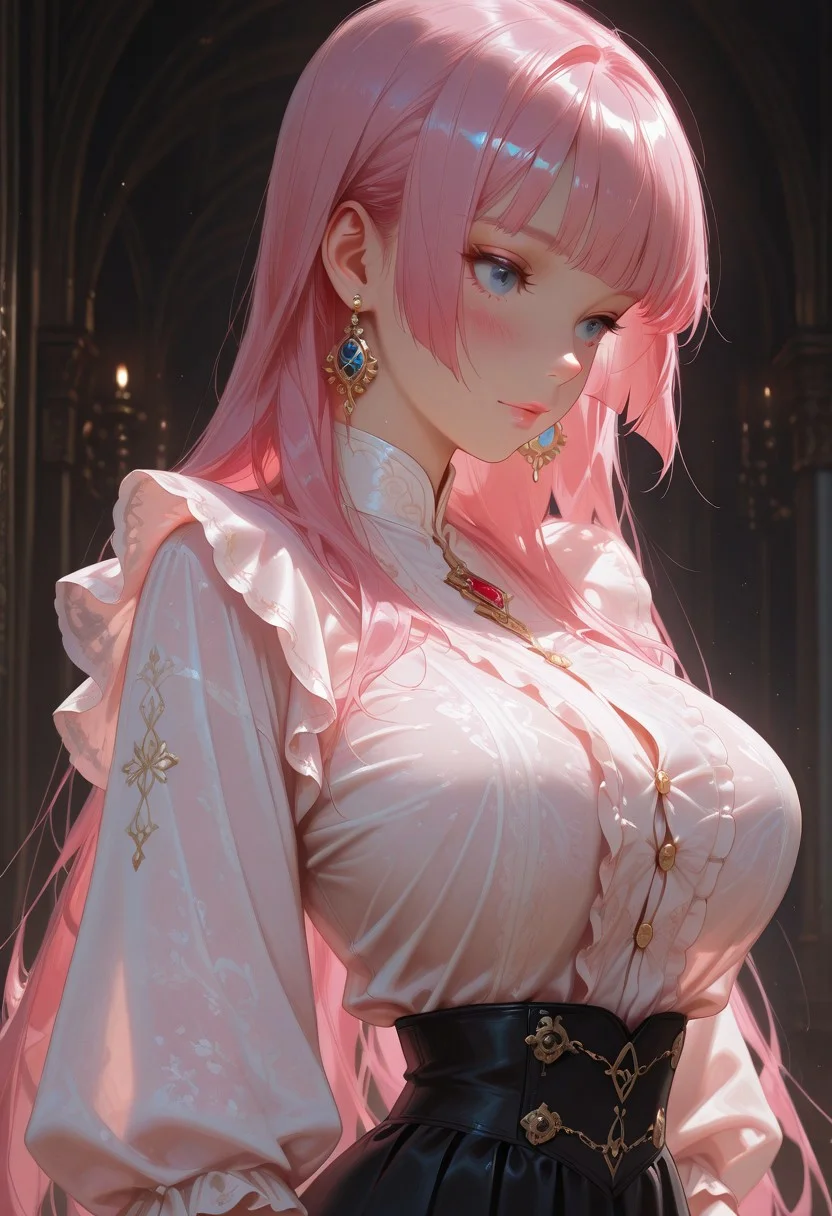 (Upper body:1.4), standing. 1girl, solo, (narrow waist), rounded hips, large breasts, long hair, pink hair, hime_cut, blue eyes, blush, earrings, frilled dress, skirt. detailed background, Expressiveh, detailing,lazypos,niji