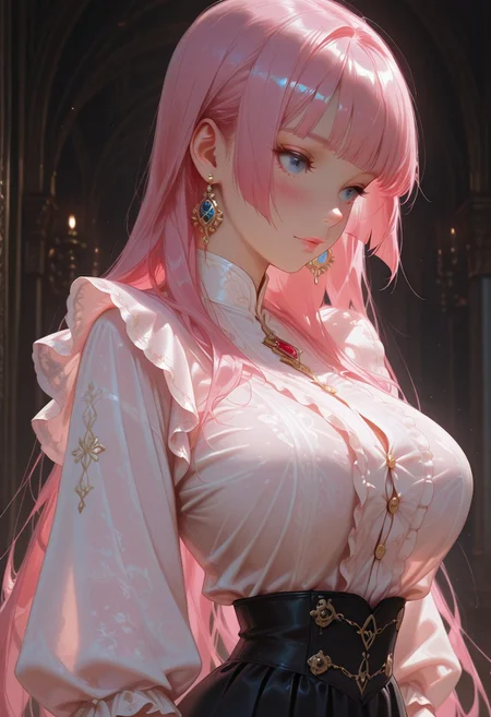 (Upper body:1.4), standing. 1girl, solo, (narrow waist), rounded hips, large breasts, long hair, pink hair, hime_cut, blue eyes, blush, earrings, frilled dress, skirt. detailed background, Expressiveh, detailing,lazypos,niji