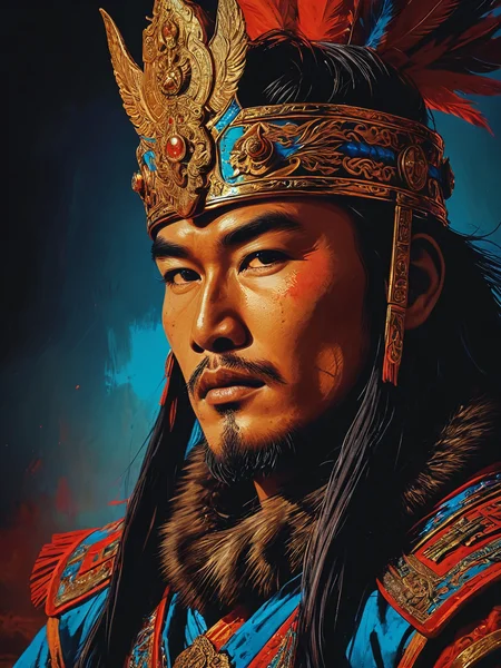 impactful color paint of  digital illustration of Mongolian king general warrior fighter fantasy,  <lora:Bold_Pop:0.6> ...........  highly detailed, vibrant colors , 8k, sharp, professional, clear, high contrast, high saturated, , vivid deep blacks, crystal clear