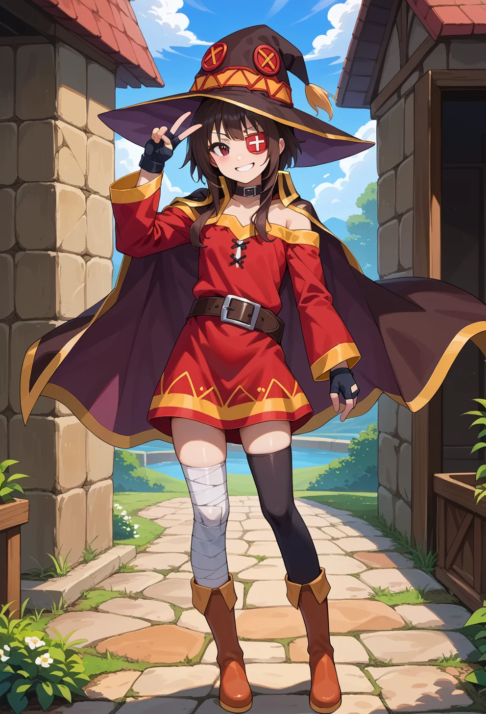 score_9, score_7_up, source_anime, BREAK <lora:AEMegumin-000009:1> AEMegumindef, red eyes, Brown hair, Belt choker, red dress, off-shoulder dress, Black gloves, fingerless gloves, Belt, mismatched legwear, asymmetrical legwear, bandaged leg, black thighhighs, knee boots, hat, red eyepatch, Black cape, v over eye, standing, full body, smile,