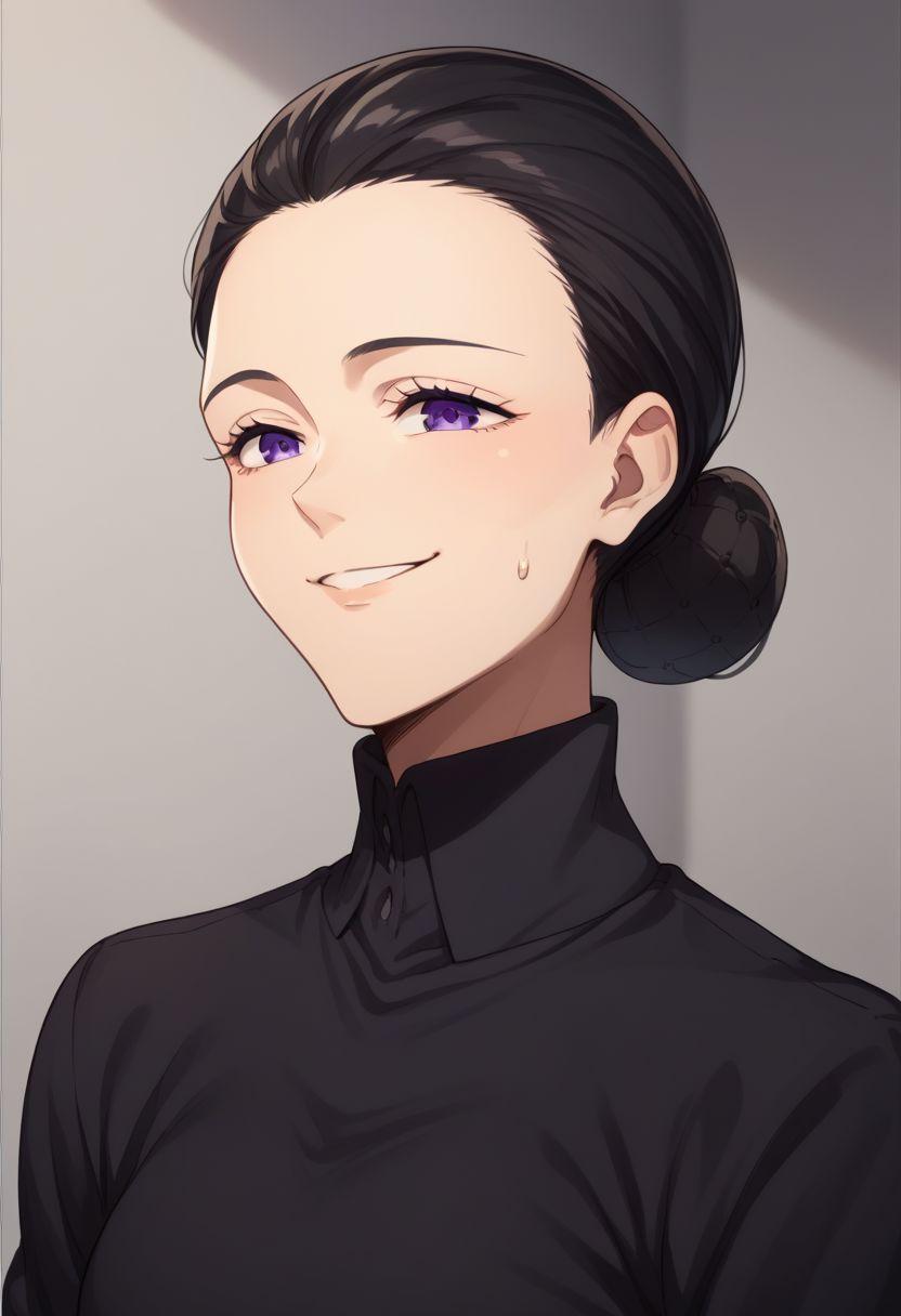 score_9, score_8_up, score_7_up, source_anime, highly detailed, 
isabella, 1woman, smile, black hair, purple eyes, single hair bun, hair bun, purple eyes, solo, sweatdrop, black sweater,
indoor,