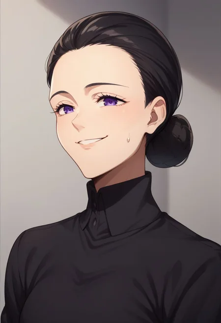 score_9, score_8_up, score_7_up, source_anime, highly detailed,
isabella, 1woman, smile, black hair, purple eyes, single hair bun, hair bun, purple eyes, solo, sweatdrop, black sweater,
indoor,