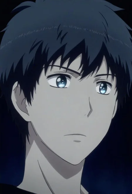 high resolution, solo, best quality, 1Boy, Arata Kaizaki, Black Hair, Blue Eyes, cool, Mysterious black background, Movie lighting, a sense of atmosphere, OverallDetail