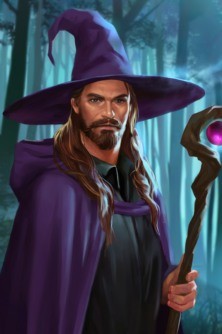 masterpiece, best quality, highres, newest, concept art, realistic, 1boy, solo, male focus, mature male, wizard, long hair, brown hair, black eyes, looking at viewer, hat, facial hair, beard, mustache, staff, wizard hat, purple hat, black shirt, collared shirt, robe, purple robe, hooded cloak, holding, holding staff, upper body, closed mouth, standing, outdoors, forest, nature, tree, fog, dark background <lora:Concept Art Brush [LoRA] - NoobAI-XL EPS 1.0:0.8>