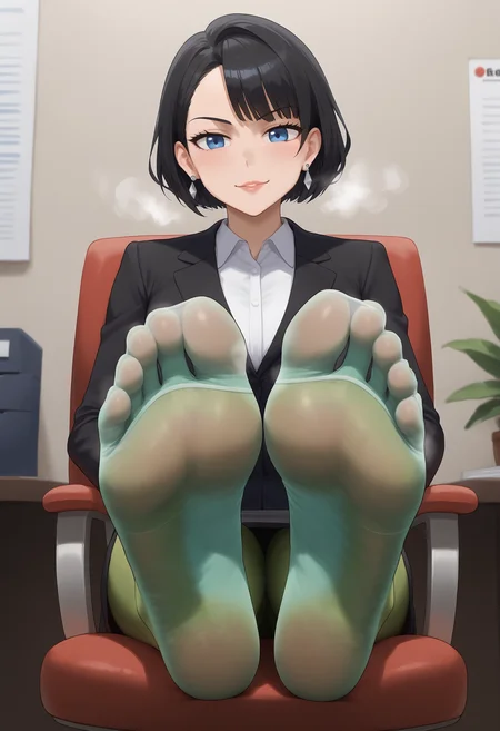 <lora:feet_anime_pony_v2:1>1girl, solo, feet, no shoes, steam around feet, black hair, green pantyhose, office lady, foot focus, soles, sitting, blue eyes, looking at viewer, toes, short hair, chair, earrings