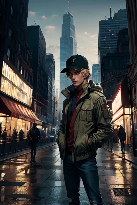 (masterpiece, best quality, high quality, highres, ultra-detailed), city, scenery, night, building, sign, cityscape, pantyhose, skyscraper, street lights,
solo, 1boy, gray eyes, short Crew Cut, sand blonde hair, triangular face, looking at viewer, outdoors, hands in pockets, khaki jacket, black loose jeans, black baseball cap,
AS-Adult, Asian-Less, OverallDetail,