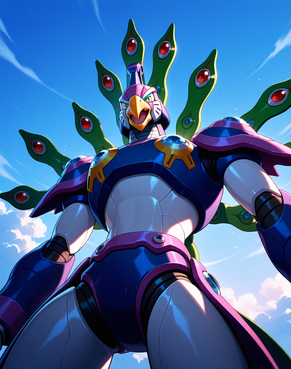 <lora:Cyber_Peacock_(Mega_Man_X)_(Illustrious)_(AD):1> Cyber Peacock, reploid, MMX, 
exterior, blue sky with clouds,
male focus, intense shadows, dynamic shadows, intricate details, attention to details, gradient coloring, bright vivid colors, robot, beak, sexy smile, half closed eyes, effeminate, narcissist, mid shot, side view, sexy, gay, 
BREAK very awa, masterpiece, best quality, amazing quality, very aesthetic, highres, absurdres, 
EZRealPONYXL, zPDXL, Smooth Quality, lazynsfw,