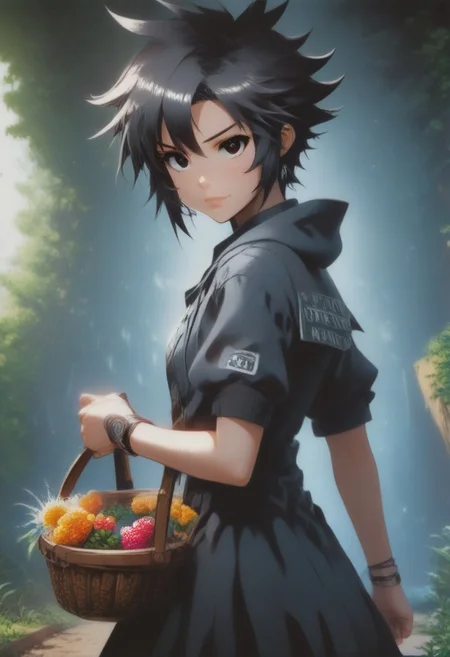(zPDXL2), score_9, score_8_up, score_7_up, score_6_up, source_anime, <lora:Worldly_XL:1.05> volumetric lighting, warm colors, motion effects, best quality, wallpaper art, looking at viewer, woods, berries, flowers, insects
1girl, solo, 18 year old, (right pistol:1.5), Little Red Riding Hood on a path in the woods, (holding basket with berries in left arm:1.6), delicate and smooth skin, cleavage, shy smile, eyes open, low cut, 
<lora:KikuchiMakoto_pony_v1:0.9> kkcmkt, short hair, black hair, antenna hair, hair between eyes, black eyes, flat chest,  small breasts, <lora:plrd-pistol:1.20>
Expressiveh,  <lora:c0l0urc0r3XLP2:0.40> c0l0urc0r3, cute, bright colours, candy, <lora:RELSM_v1:0.90> <lora:[GP] somethingweirdv1 [Pony XL]:0.20>