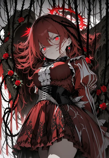 safe_pos, safe_pos, masterpiece, best quality, illustration, tekito midori,  (((detailed lighting, rendered, perfect hair, detailed face and body))) 1girl, solo, long hair, breasts, looking at viewer, bangs, large breasts, red eyes, long sleeves, dress, bow, hair between eyes, jewelry, closed mouth, flower, red hair, cowboy shot, earrings, puffy sleeves, bowtie, v-shaped eyebrows, black bow, glowing, rose, halo, arms behind back, red dress, juliet sleeves, red flower, corset, red rose, underbust, vines, red theme, thorns
