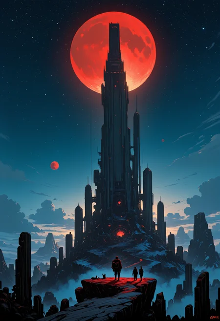 masterpiece, best quality, good quality, very awa, very aesthetic, absurdres, newest, holding, standing, weapon, outdoors, sky, cloud, signature, night, glowing, moon, cat, backpack, cloudy_sky, building, 1other, star_\(sky\), night_sky, scenery, full_moon, science_fiction, starry_sky, city, mountain, silhouette, fantasy, multiple_others, wide_shot, ruins, planet, 2others, ambiguous_gender, tower, landscape, spacecraft, red_moon, cliff, 3others, 6+others, very_wide_shot, ink drawing, opill, gr4ph1t3,