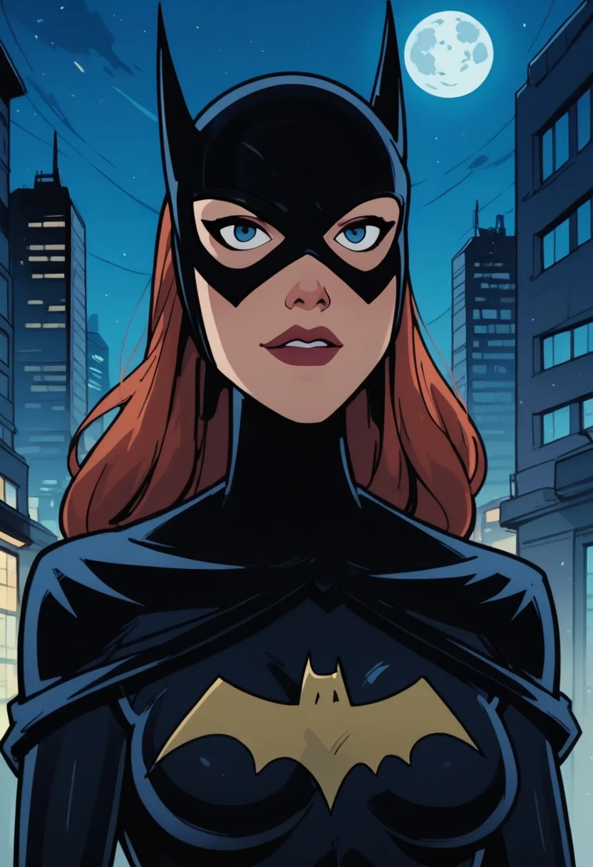commix style, zPDXL3, PnyCmicXLPOS, detailxl, portrait, close up, perspective, solo, (1girl), woman, (kj_batgirl), bat ears, mask, blue eyes, lipstick, black bodysuit, superhero, age 25, sideways glance, seductive smile, perfect quality, perfect eyes, detailed lips, night, outdoors, roof top, city skyline, full moon, depth of field