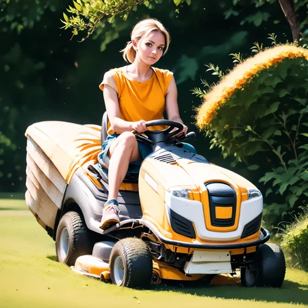 score_9, score_8_up, score_7_up, rilamo (side view) , (slim 25yo female) riding a lawn mower. yellow short dress, sneakers , short blonde ponytail <lora:RideLawnMowerPony:1>