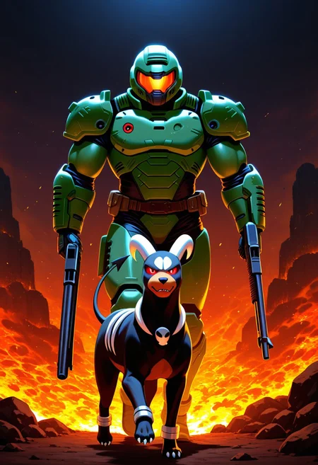 zPDXLxxx ((score_9, score_8_up, score_7_up)), masterpiece, perfect anatomy, hell, background on fire, duo, 1boy, Doomguy, green armor, power armor, helmet, muscular, outdoors, holding Shotgun, walking towards viewer, red visor, glowing visor,
BREAK
Pokemon, pokemon creature, pokemon (species), feral, houndoom walking with him, looking at viewer,