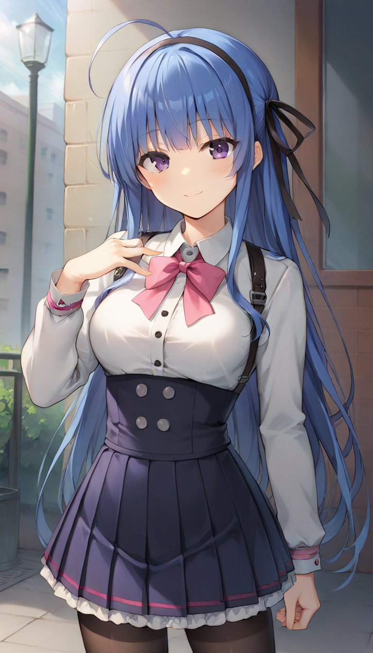 score_9,score_8_up,score_7_up,score_6_up BREAK official art,solo,outdoors,cowboy shot,looking at viewer,facing viewer,smile,blush,Karen Hikosaki,ahoge,very long hair,blue hair,hair ribbon,black ribbon,sidelocks,bangs,purple eyes,collared shirt,white shirt,pink bow,long sleeves,medium breasts,black skirt,pleated skirt,frilled skirt,black pantyhose,black footwear,cross-laced footwear,<lora:Karen Hikosaki(pa)-Pony:1.2>,
